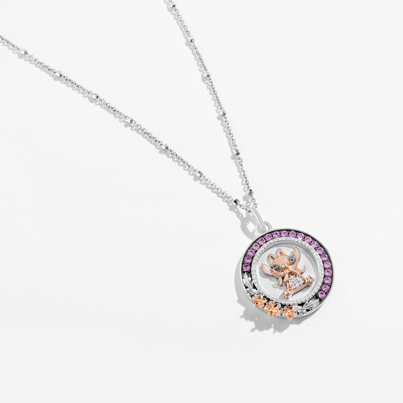 Lilo And Stitch Angel Medallion Women's Necklace with Created Pink Sapphire and 1/8 CTTW Diamonds in 14K Rose Gold and Black Rhodium and Sterling Silver 