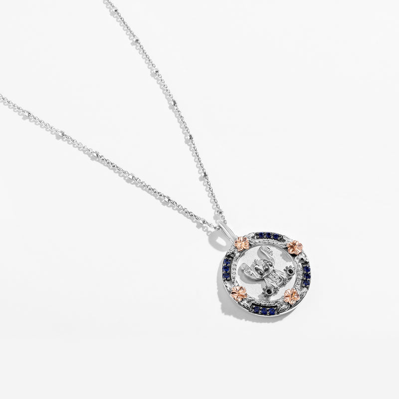 Lilo And Stitch Medallion Women's Necklace with Created Blue Sapphire and 1/10 CTTW Diamonds in 14K Rose Gold and Black Rhodium and Sterling Silver 