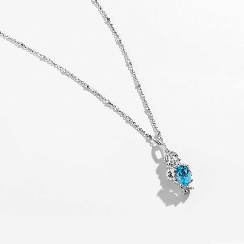 SNOW WHITE AND THE SEVEN DWARFS Doc Dwarf Women's Necklace with Swiss Blue Topaz and 1/10 CTTW Diamonds in Sterling Silver 