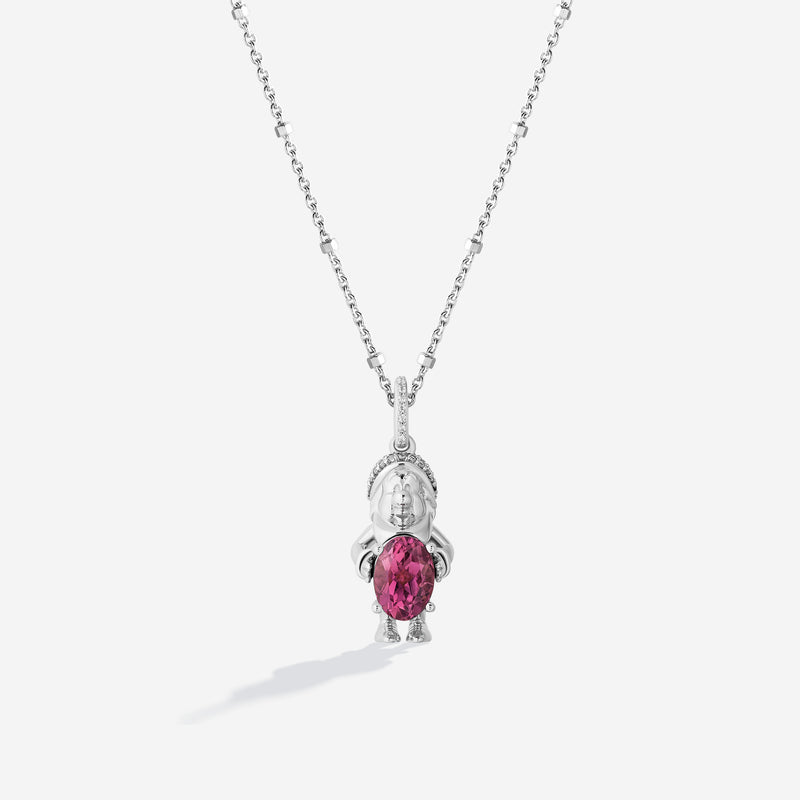 SNOW WHITE AND THE SEVEN DWARFS Sneezy Dwarf Women's Necklace with Created Pink Sapphire and 1/10 CTTW Diamonds in Sterling Silver 