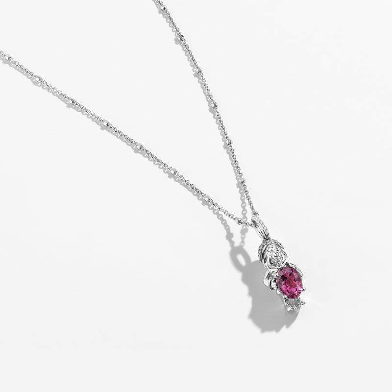 SNOW WHITE AND THE SEVEN DWARFS Sneezy Dwarf Women's Necklace with Created Pink Sapphire and 1/10 CTTW Diamonds in Sterling Silver 
