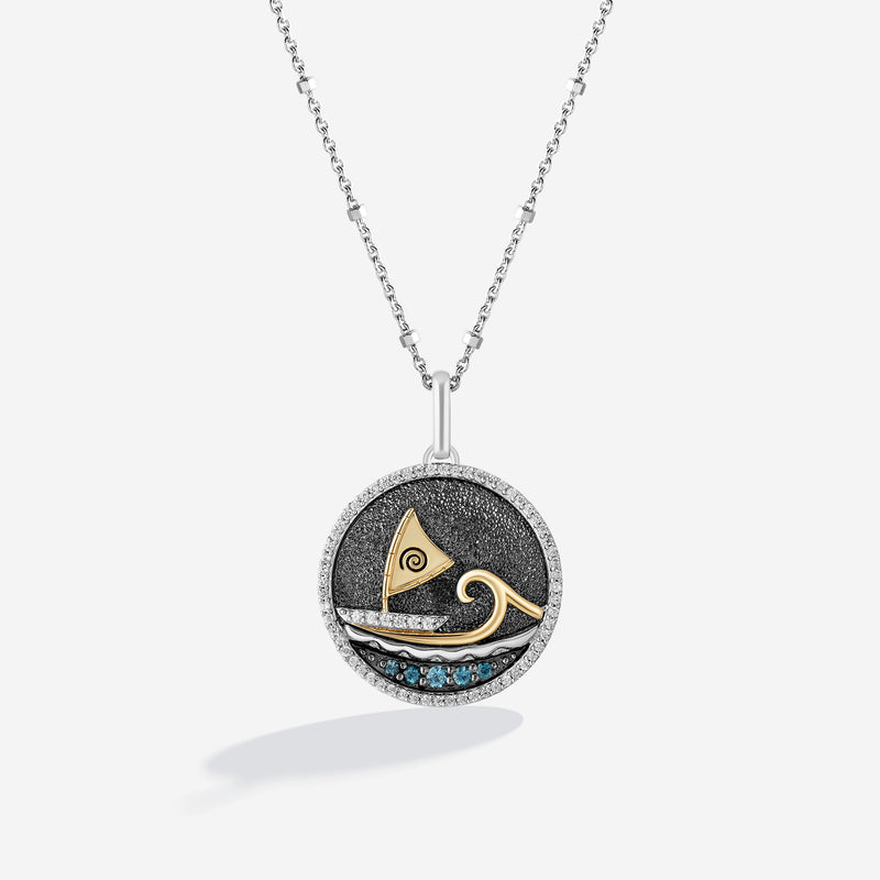 MOANA Medallion Women's Necklace with London blue Topaz and 1/6 CTTW Diamonds in Black Rhodium and Sterling Silver 
