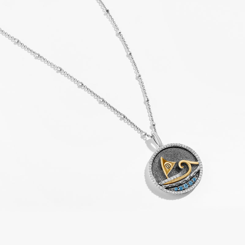 MOANA Medallion Women's Necklace with London blue Topaz and 1/6 CTTW Diamonds in Black Rhodium and Sterling Silver 