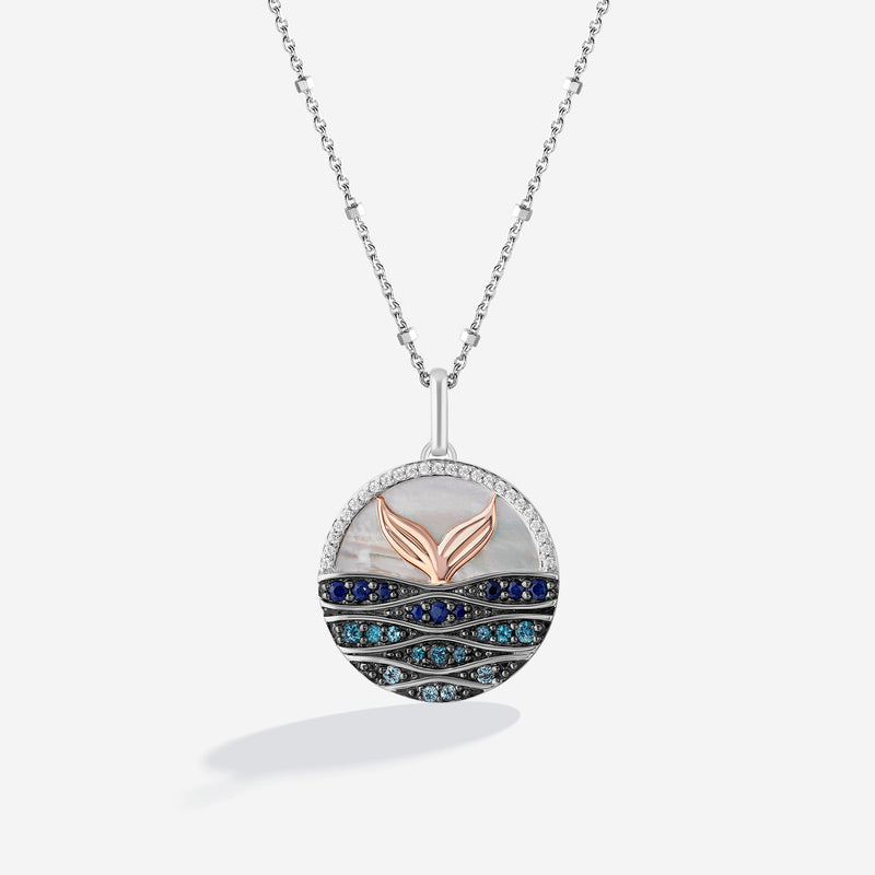 THE LITTLE MERMAID Medallion Women's Necklace with Mother of Pearl, Sapphire, London Blue Topaz, Swiss Blue Topaz
and 1/10 CT.TW. Diamonds in Black Rhodium and Sterling Silver 