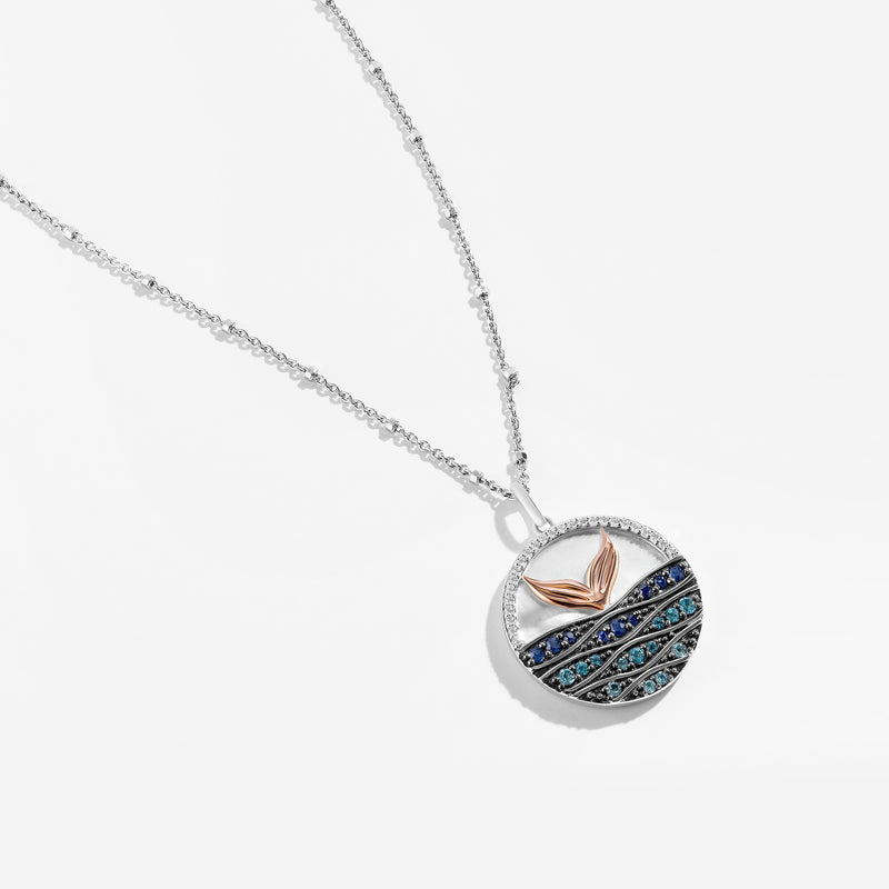 THE LITTLE MERMAID Medallion Women's Necklace with Mother of Pearl, Sapphire, London Blue Topaz, Swiss Blue Topaz
and 1/10 CT.TW. Diamonds in Black Rhodium and Sterling Silver 
