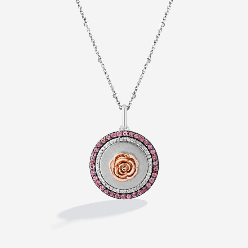 BEAUTY AND THE BEAST Rose Medallion Women's Necklace with White Topaz and Pink Sapphire in 14K Rose Gold and Black Rhodium and Sterling Silver 