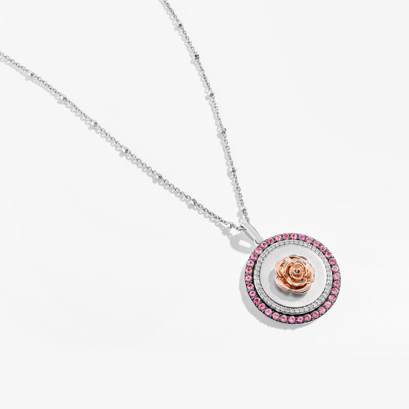 BEAUTY AND THE BEAST Rose Medallion Women's Necklace with White Topaz and Pink Sapphire in 14K Rose Gold and Black Rhodium and Sterling Silver 