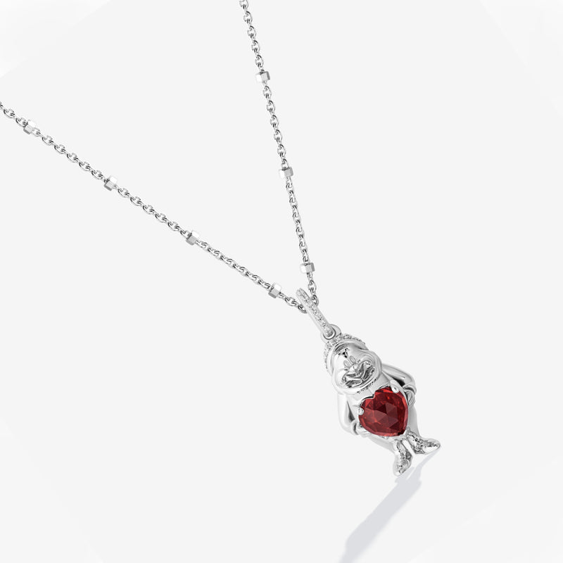 SNOW WHITE AND THE SEVEN DWARFS Happy Dwarf Women's Necklace with Garnet and 1/10 CTTW Diamonds in Sterling Silver 