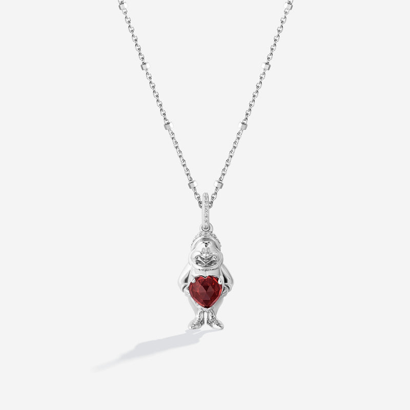SNOW WHITE AND THE SEVEN DWARFS Happy Dwarf Women's Necklace with Garnet and 1/10 CTTW Diamonds in Sterling Silver 