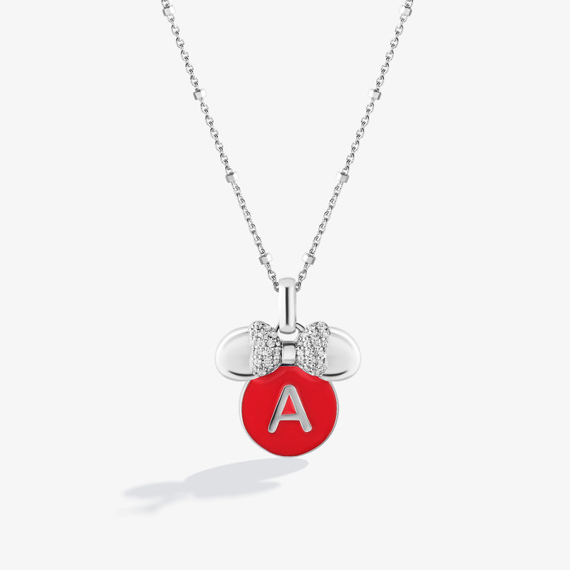 Minnie Alphabet 'A' Necklace in Sterling Silver with Red Enamel and 1/10 CT.TW. Diamonds 