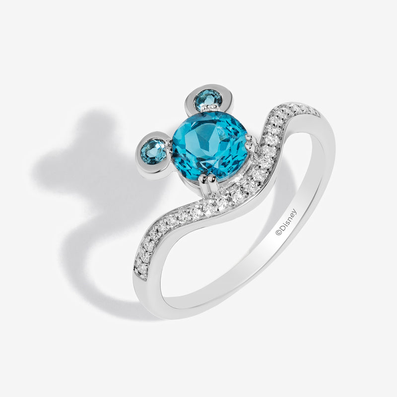 Mickey Mouse Blue Topaz Cocktail Ring with 1/6 CT.TW. Diamonds 