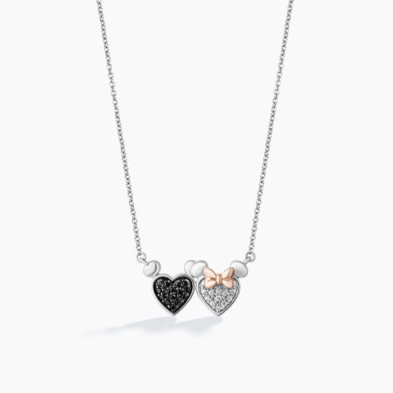 MICKEY AND MINNIE MOUSE Women's Heart Necklace with 1/5 CTTW Diamonds in 14K Rose Gold and Black Rhodium and Sterling Silver 