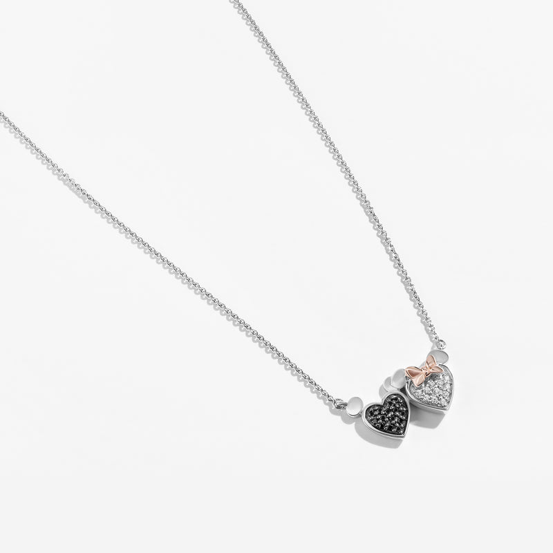 MICKEY AND MINNIE MOUSE Women's Heart Necklace with 1/5 CTTW Diamonds in 14K Rose Gold and Black Rhodium and Sterling Silver 