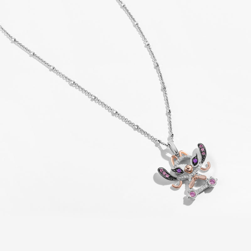 Lilo And Stitch Women's Necklace with Created Pink sapphire, Amethyst and  1/20 CT.TW. Diamonds in Black Rhodium and 14K Rose Gold and Sterling Silver 