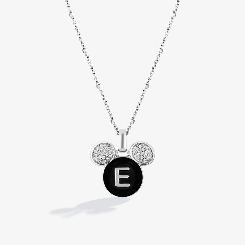 Mickey Alphabet 'E' Necklace in Sterling Silver with Black Enamel and 1/10 CT.TW. Diamonds 