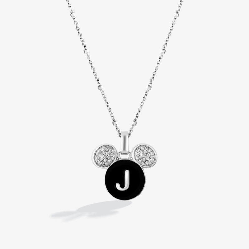 Mickey Alphabet 'J' Necklace in Sterling Silver with Black Enamel and 1/10 CT.TW. Diamonds 