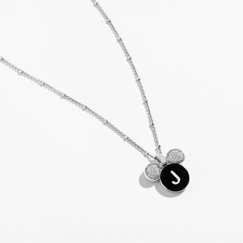 Mickey Alphabet 'J' Necklace in Sterling Silver with Black Enamel and 1/10 CT.TW. Diamonds 