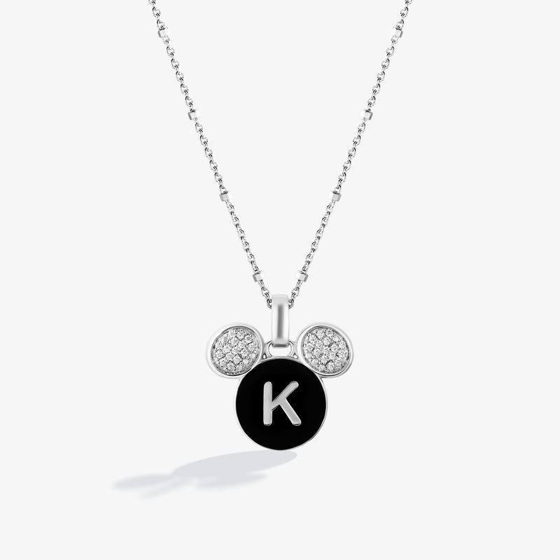 Mickey Alphabet 'K' Necklace in Sterling Silver with Black Enamel and 1/10 CT.TW. Diamonds 
