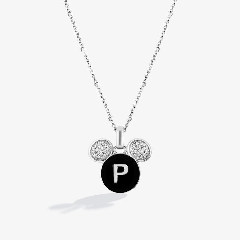 Mickey Alphabet 'P' Necklace in Sterling Silver with Black Enamel and 1/10 CT.TW. Diamonds 