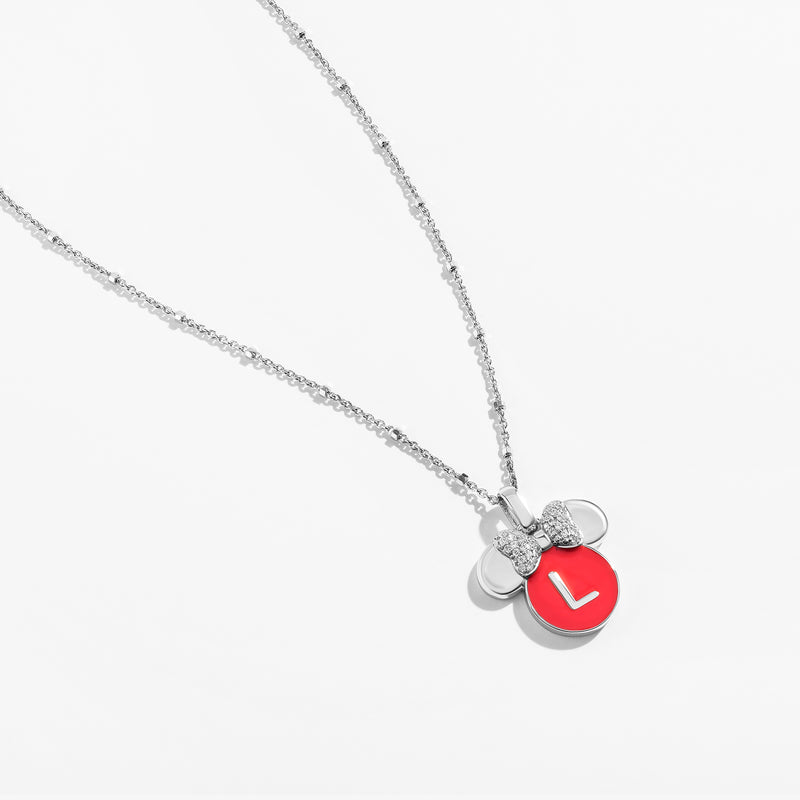 Minnie Alphabet 'L' Necklace in Sterling Silver with Red Enamel and 1/10 CT.TW. Diamonds 