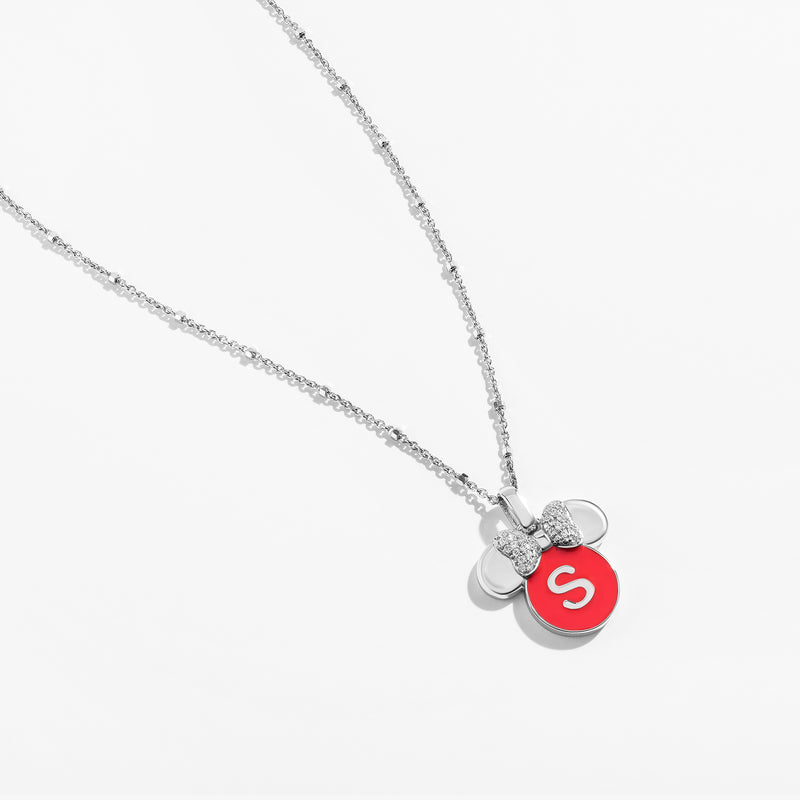 Minnie Alphabet 'S' Necklace in Sterling Silver with Red Enamel and 1/10 CT.TW. Diamonds 