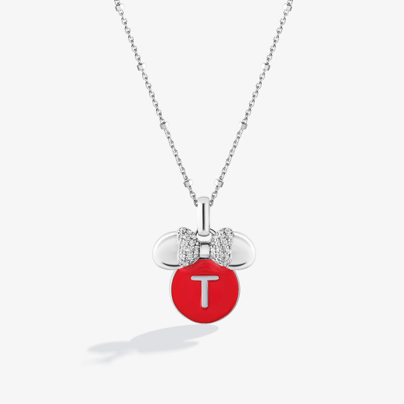 Minnie Alphabet 'T' Necklace in Sterling Silver with Red Enamel and 1/10 CT.TW. Diamonds 