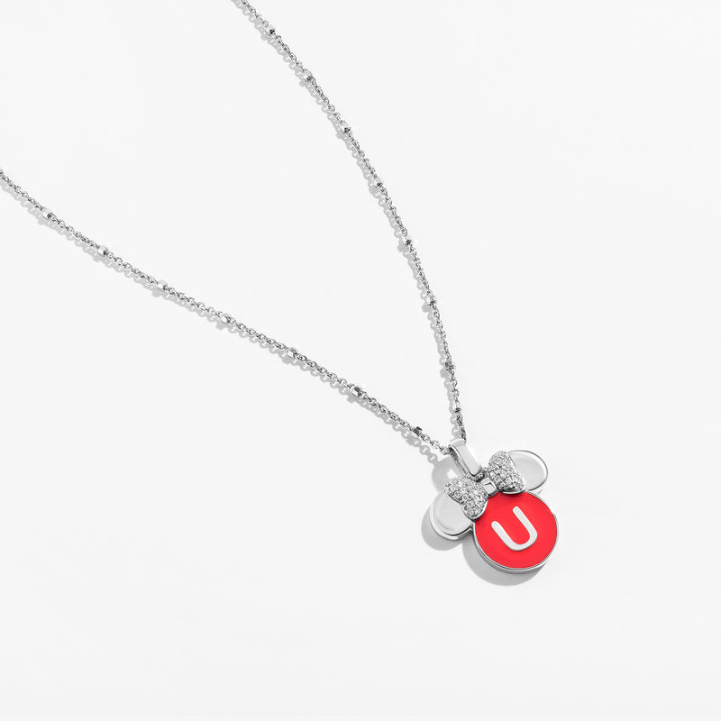 Minnie Alphabet 'U' Necklace in Sterling Silver with Red Enamel and 1/10 CT.TW. Diamonds 