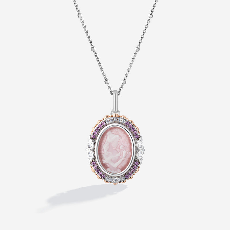BEAUTY AND THE BEAST Carved Silhouette Women's Necklace with Pink Aventurine, Created Pink Sapphire and 1/10 CT.TW. Diamonds in 14K Rose Gold and Sterling Silver 