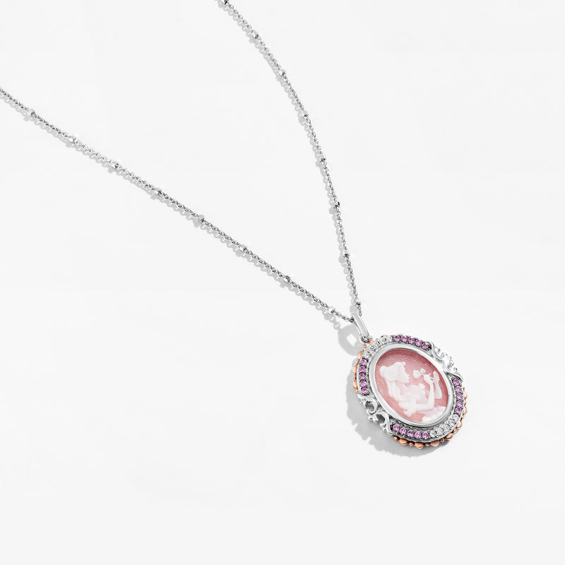 BEAUTY AND THE BEAST Carved Silhouette Women's Necklace with Pink Aventurine, Created Pink Sapphire and 1/10 CT.TW. Diamonds in 14K Rose Gold and Sterling Silver 