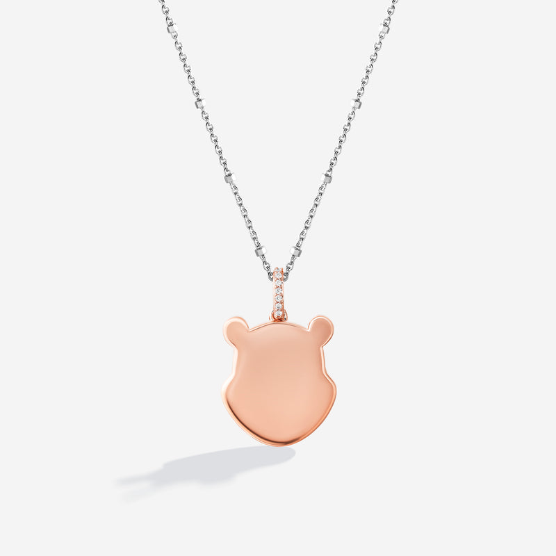 WINNIE THE POOH Engravable Women's Necklace with 1/20 CTTW Diamonds in 14K Rose Gold and Sterling Silver 