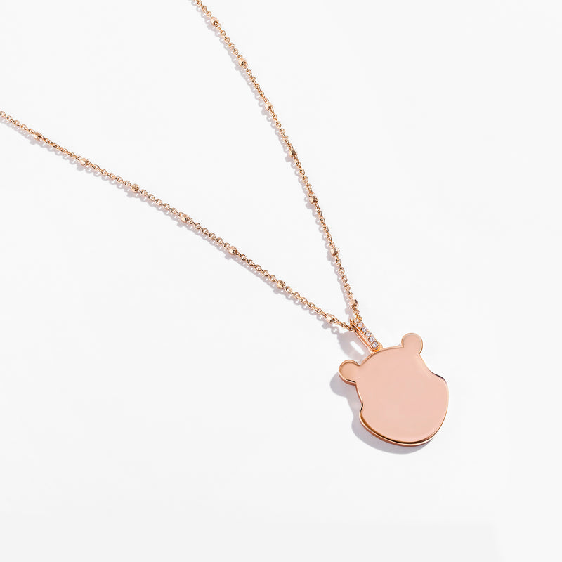 WINNIE THE POOH Engravable Women's Necklace with 1/20 CTTW Diamonds in 14K Rose Gold and Sterling Silver 