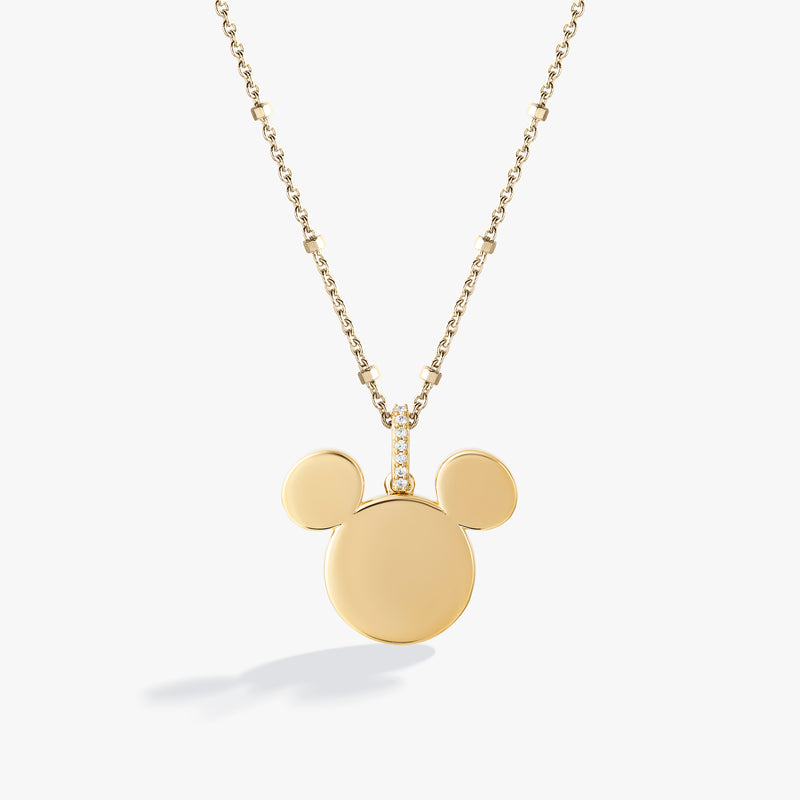 MICKEY MOUSE Engravable Women's Necklace with 1/20 CTTW Diamonds in 14K Yellow Gold and Sterling Silver 