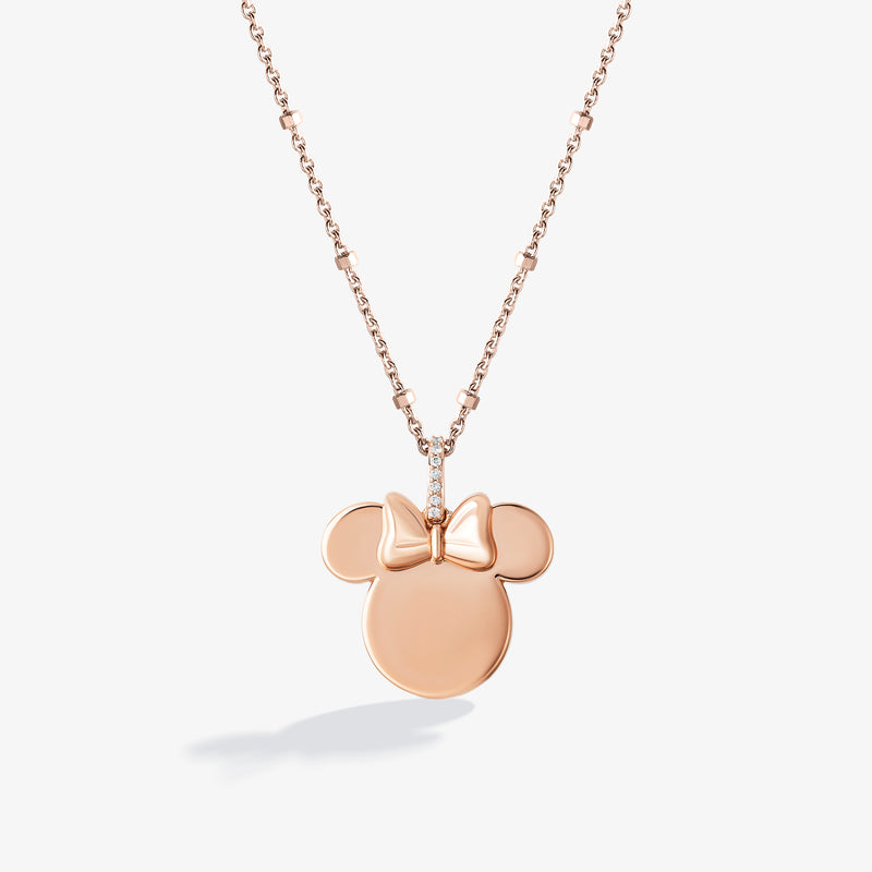 MINNIE MOUSE Engravable Women's Necklace with 1/20 CTTW Diamonds in 14K Rose Gold and Sterling Silver 