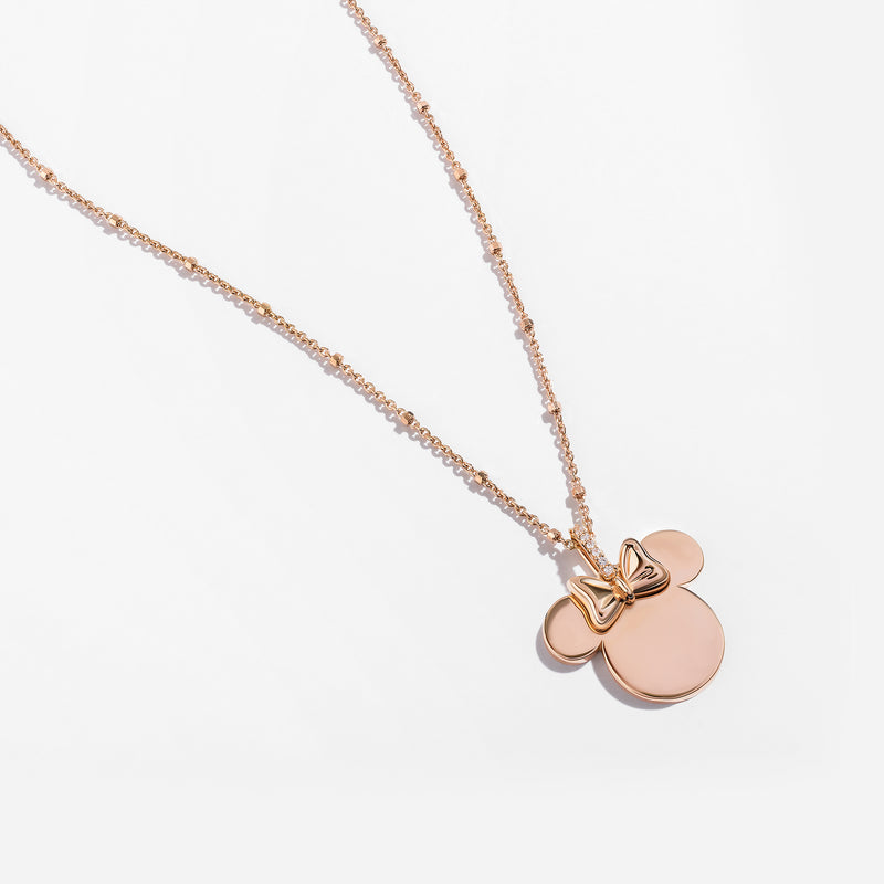 MINNIE MOUSE Engravable Women's Necklace with 1/20 CTTW Diamonds in 14K Rose Gold and Sterling Silver 
