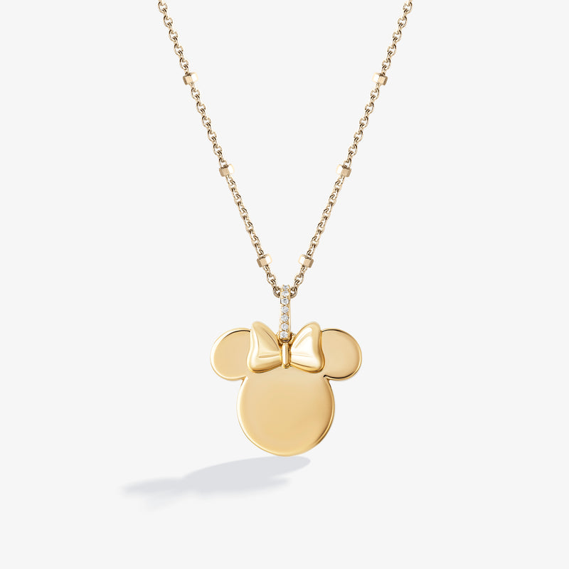 MINNIE MOUSE Engravable Women's Necklace with 1/20 CTTW Diamonds in 14K Yellow Gold and Sterling Silver 