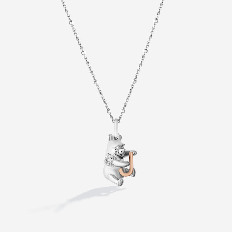 WINNIE THE POOH Alphabet 'J' Women's Necklace with 1/20 CTTW Diamonds in 14K Rose Gold and Sterling Silver 