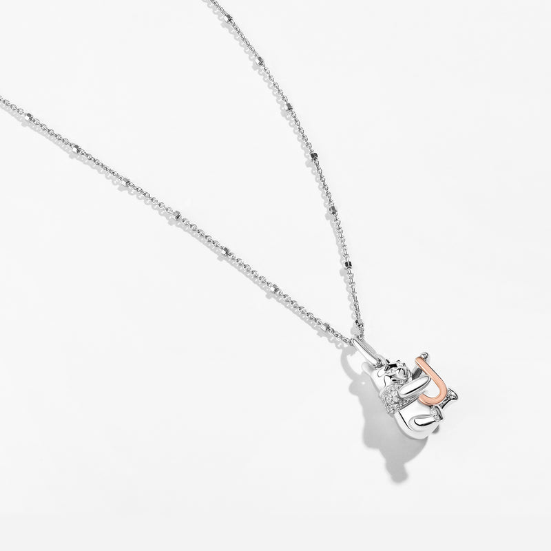 WINNIE THE POOH Alphabet 'J' Women's Necklace with 1/20 CTTW Diamonds in 14K Rose Gold and Sterling Silver 