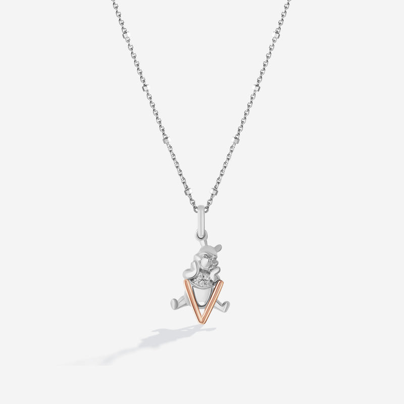WINNIE THE POOH Alphabet 'V' Women's Necklace with 1/20 CTTW Diamonds in 14K Rose Gold and Sterling Silver 