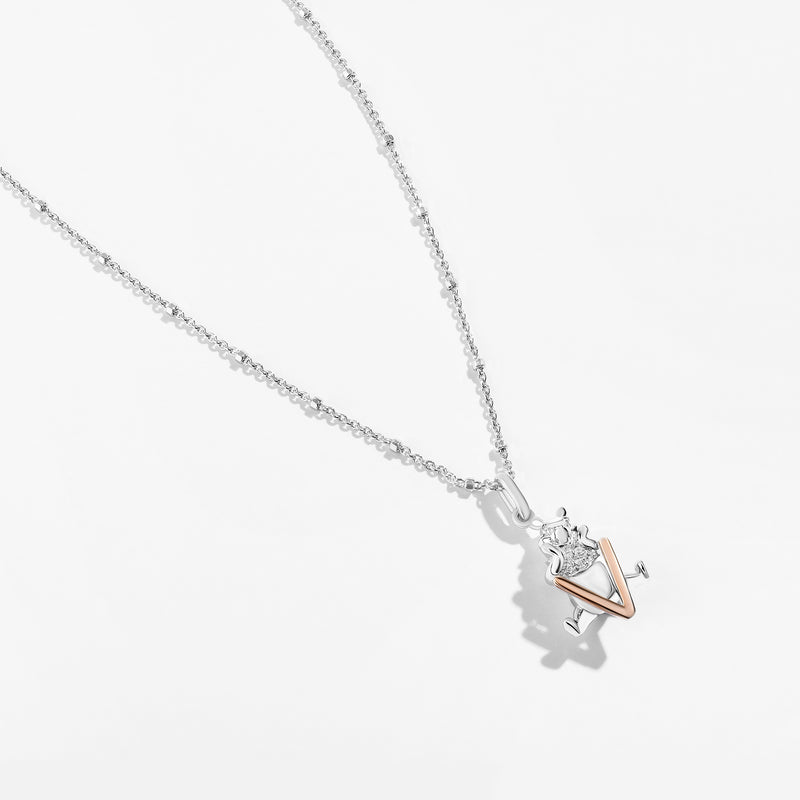 WINNIE THE POOH Alphabet 'V' Women's Necklace with 1/20 CTTW Diamonds in 14K Rose Gold and Sterling Silver 