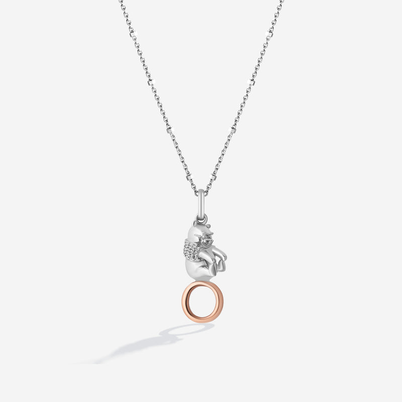 WINNIE THE POOH Alphabet 'O' Women's Necklace with 1/20 CTTW Diamonds in 14K Rose Gold and Sterling Silver 