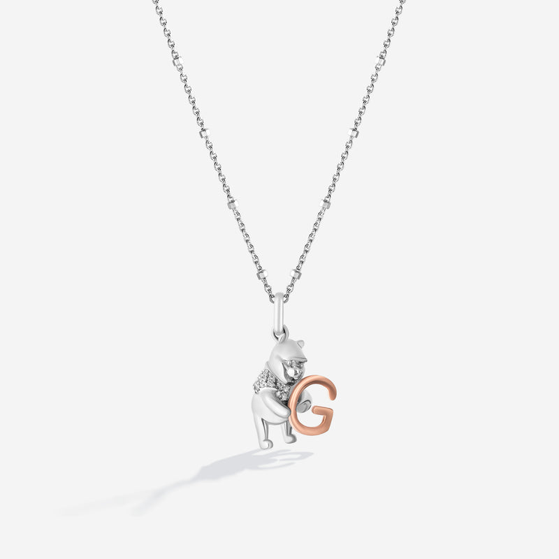 WINNIE THE POOH Alphabet 'G' Women's Necklace with 1/20 CTTW Diamonds in 14K Rose Gold and Sterling Silver 