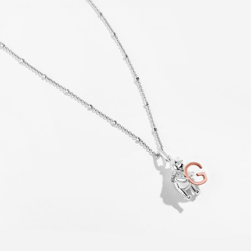 WINNIE THE POOH Alphabet 'G' Women's Necklace with 1/20 CTTW Diamonds in 14K Rose Gold and Sterling Silver 