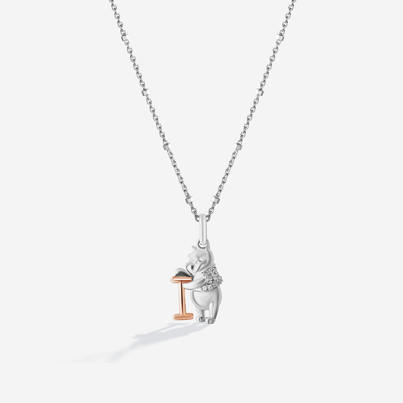 WINNIE THE POOH Alphabet 'I' Women's Necklace with 1/20 CTTW Diamonds in 14K Rose Gold and Sterling Silver 