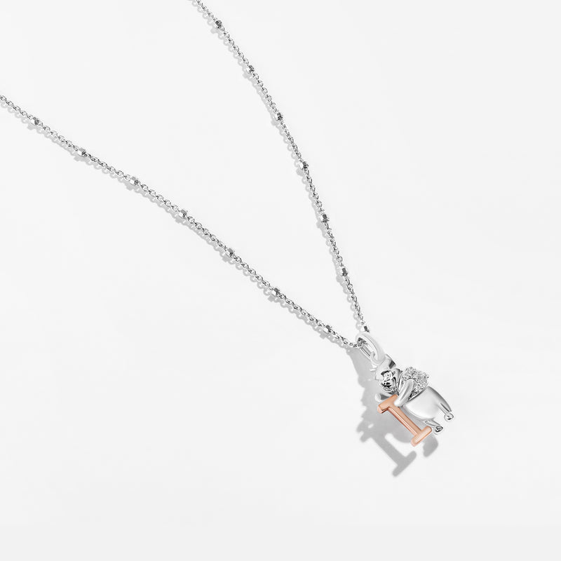 WINNIE THE POOH Alphabet 'I' Women's Necklace with 1/20 CTTW Diamonds in 14K Rose Gold and Sterling Silver 