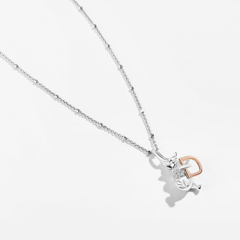 WINNIE THE POOH Alphabet 'D' Women's Necklace with 1/20 CTTW Diamonds in 14K Rose Gold and Sterling Silver 