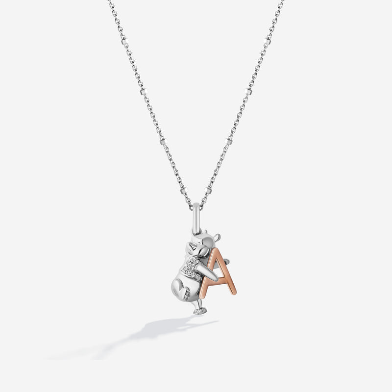WINNIE THE POOH Alphabet 'A' Women's Necklace with 1/20 CTTW Diamonds in 14K Rose Gold and Sterling Silver 