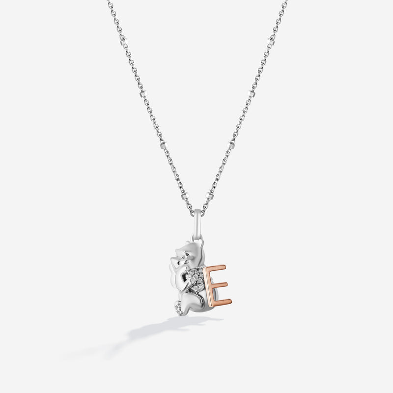 WINNIE THE POOH Alphabet 'E' Women's Necklace with 1/20 CTTW Diamonds in 14K Rose Gold and Sterling Silver 