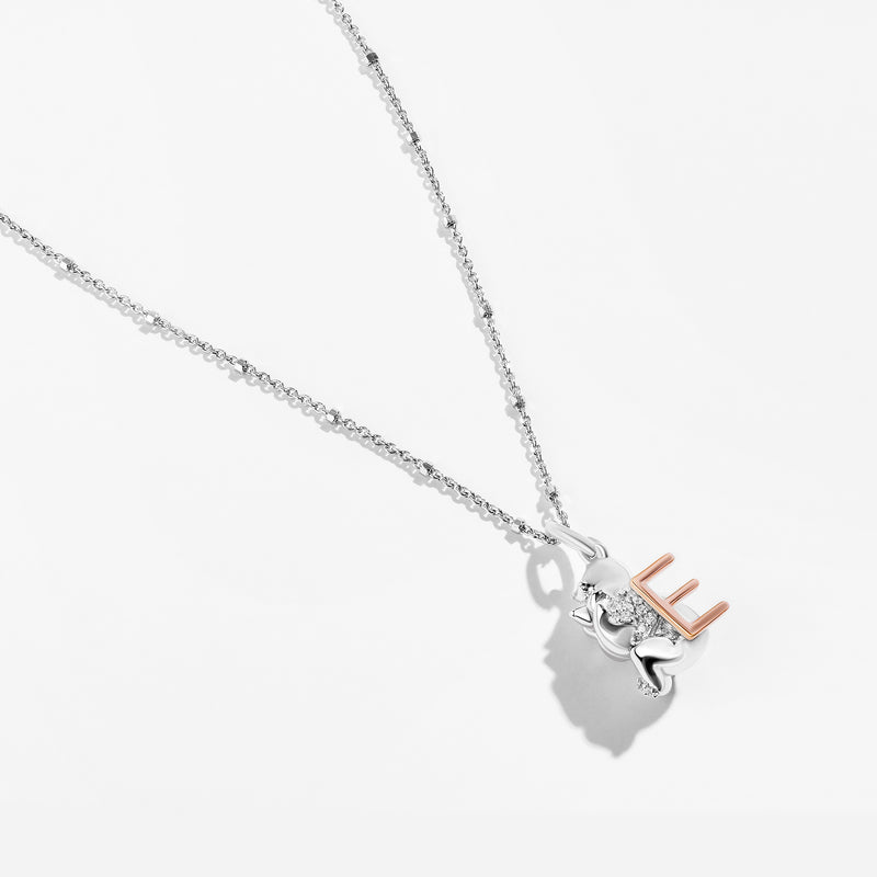 WINNIE THE POOH Alphabet 'E' Women's Necklace with 1/20 CTTW Diamonds in 14K Rose Gold and Sterling Silver 