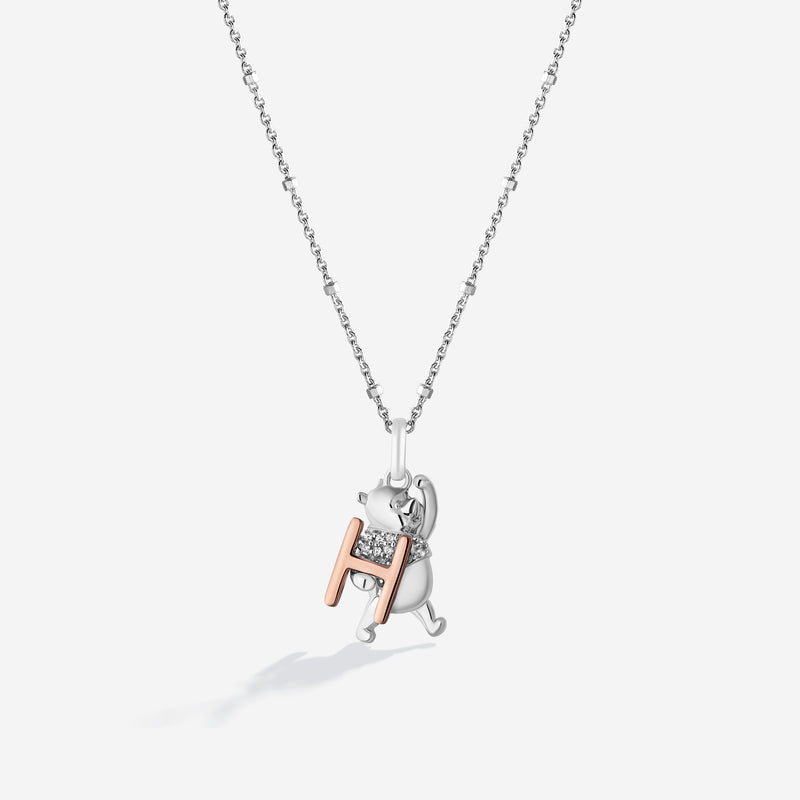 WINNIE THE POOH Alphabet 'H' Women's Necklace with 1/20 CTTW Diamonds in 14K Rose Gold and Sterling Silver 