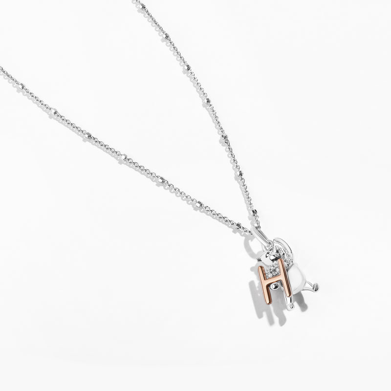 WINNIE THE POOH Alphabet 'H' Women's Necklace with 1/20 CTTW Diamonds in 14K Rose Gold and Sterling Silver 